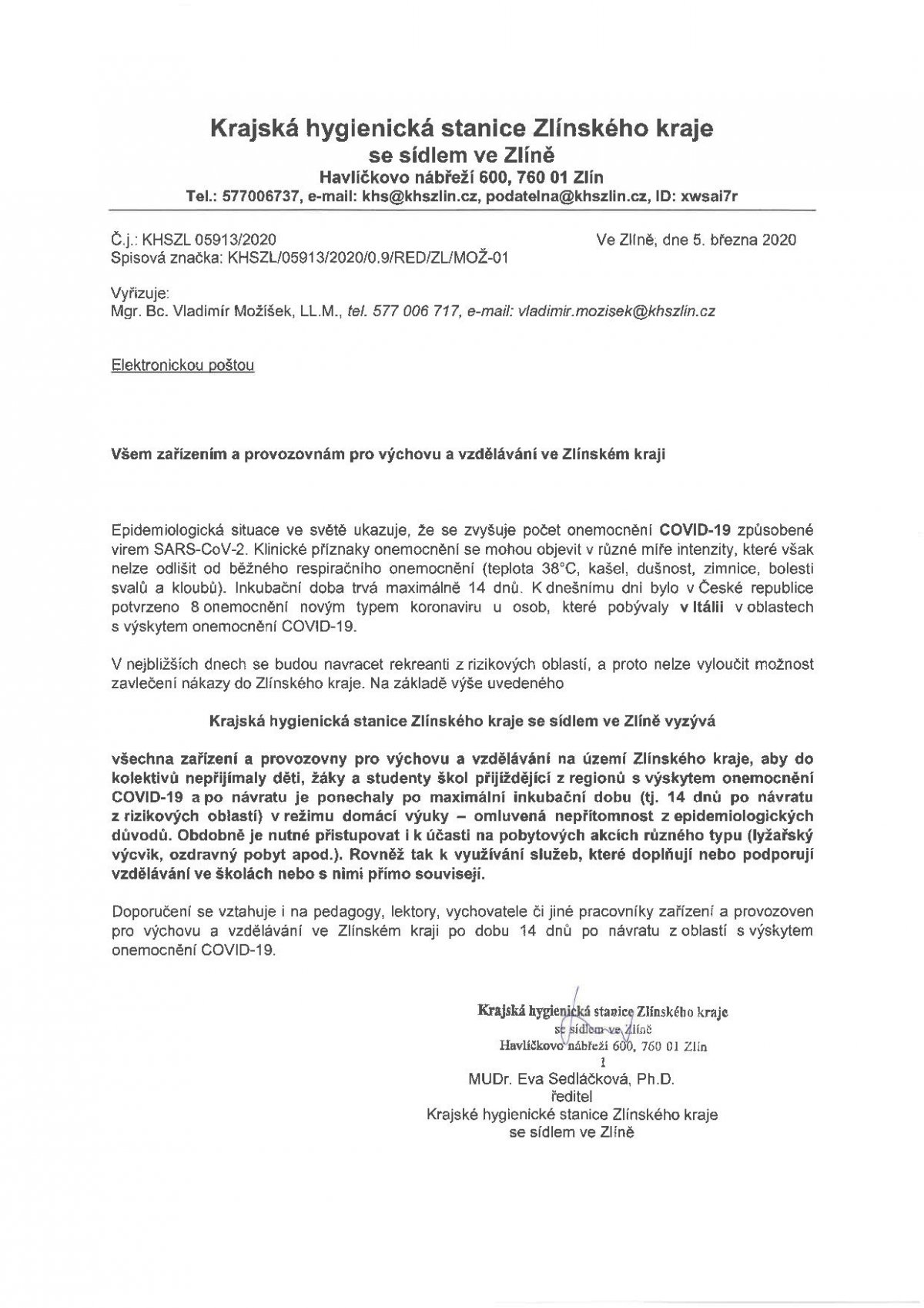 Informace Krajské hygienické stanice Zlínského kraje